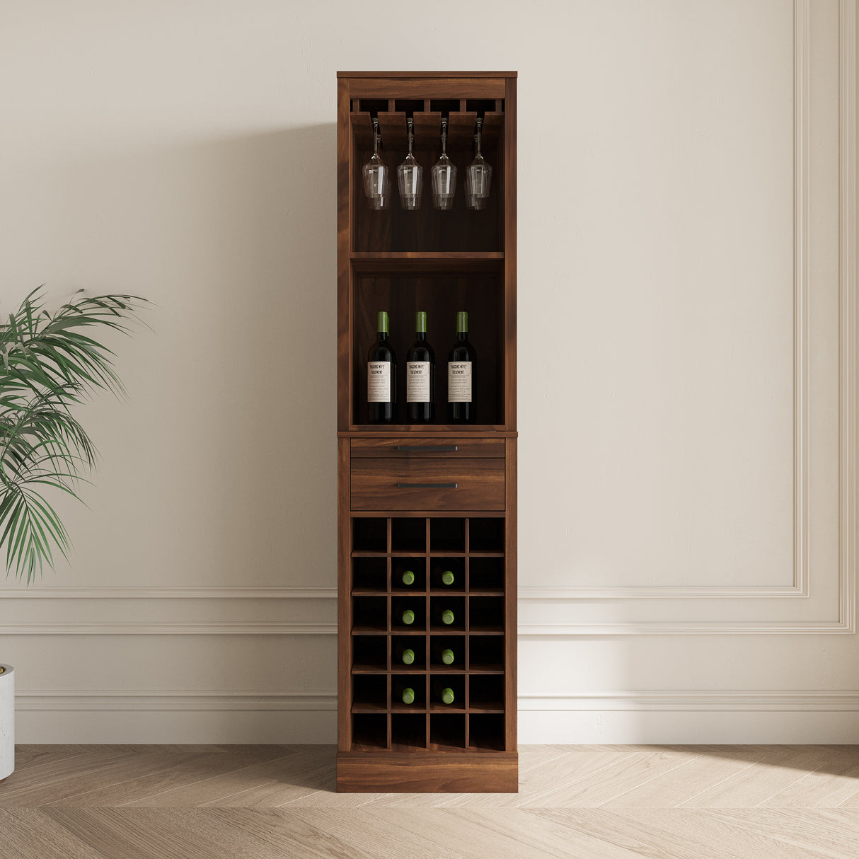 Walnut Modular Bar Cabinet for 24 Bottles w/ Drawers - Joysource