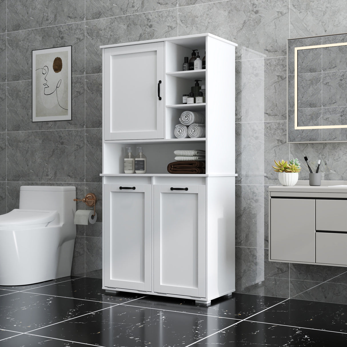 63" Laundry Storage Cabinet with Tilt-Out Hampers & Adjustable Shelves