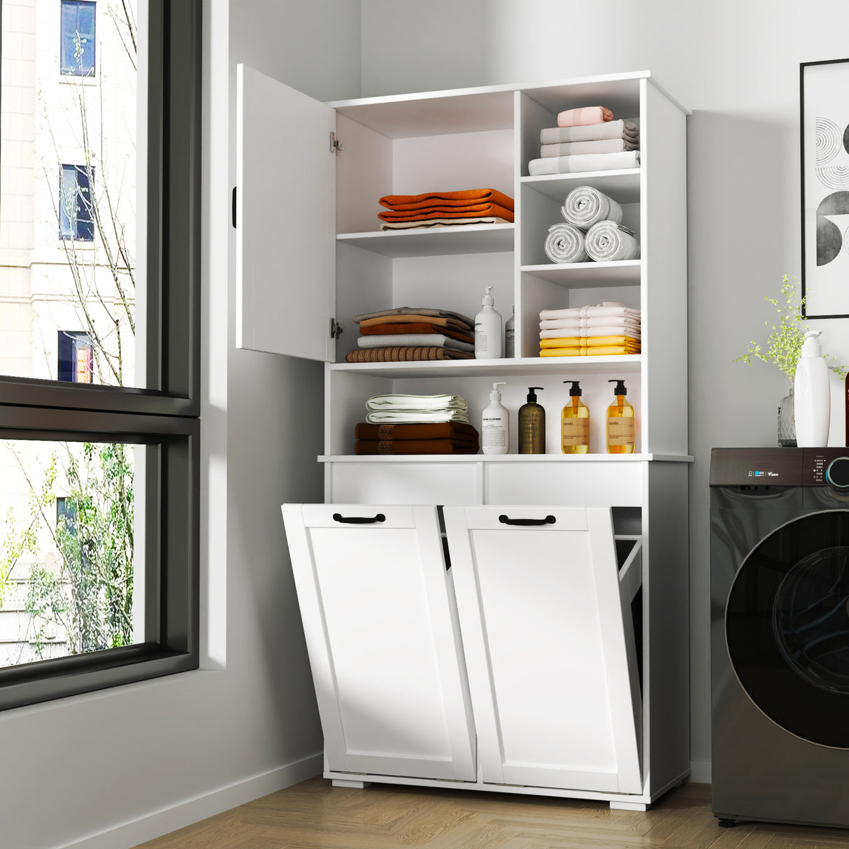 63" Laundry Storage Cabinet with Tilt-Out Hampers & Adjustable Shelves