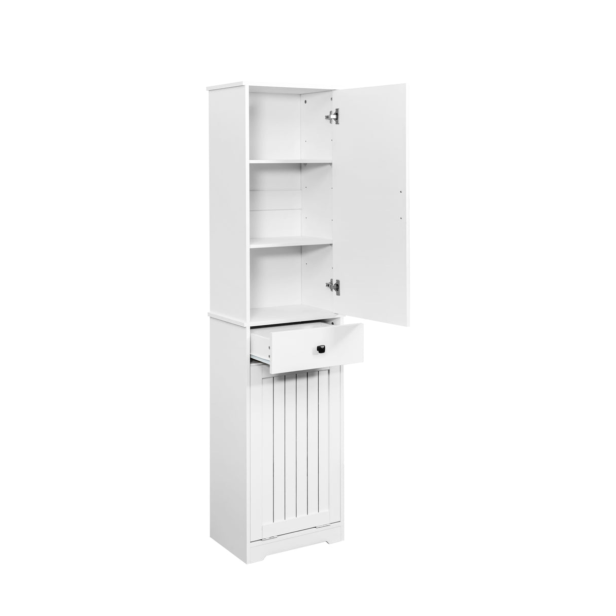 71" Laundry Cabinet with Tilt-Out Hamper, Adjustable Shelves & Drawer, White