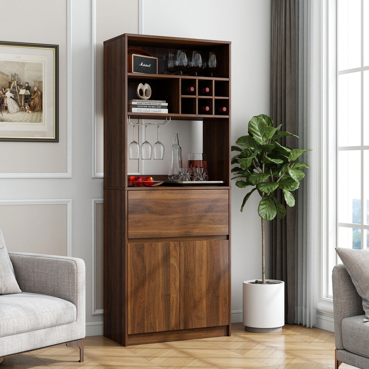 71" Multi-Functional Storage Cabinet with Drawer, Wine Rack & Glass Holder