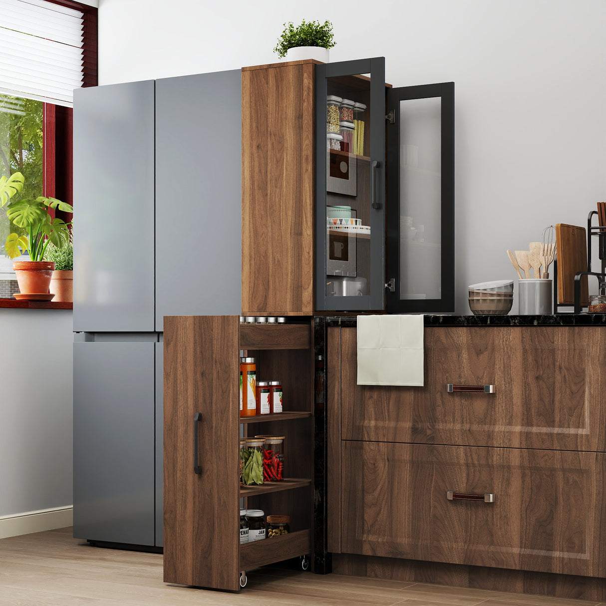 71" Multifunctional Storage Cabinet w/ 2 Glass Doors & Pull-Out Shelves