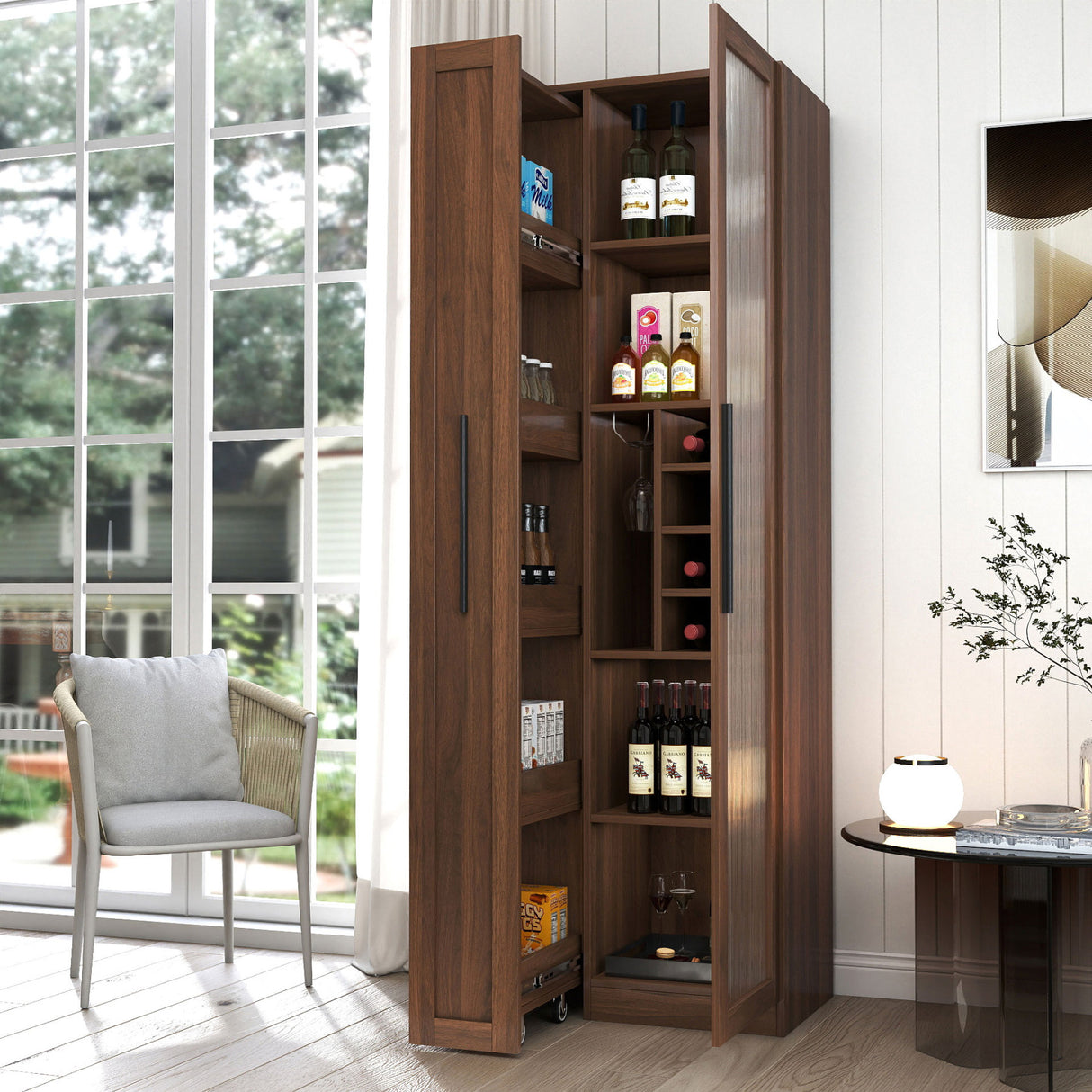71" Tall Freestanding Kitchen Pantry Cabinet with Pull-Out Shelves & Glass Door