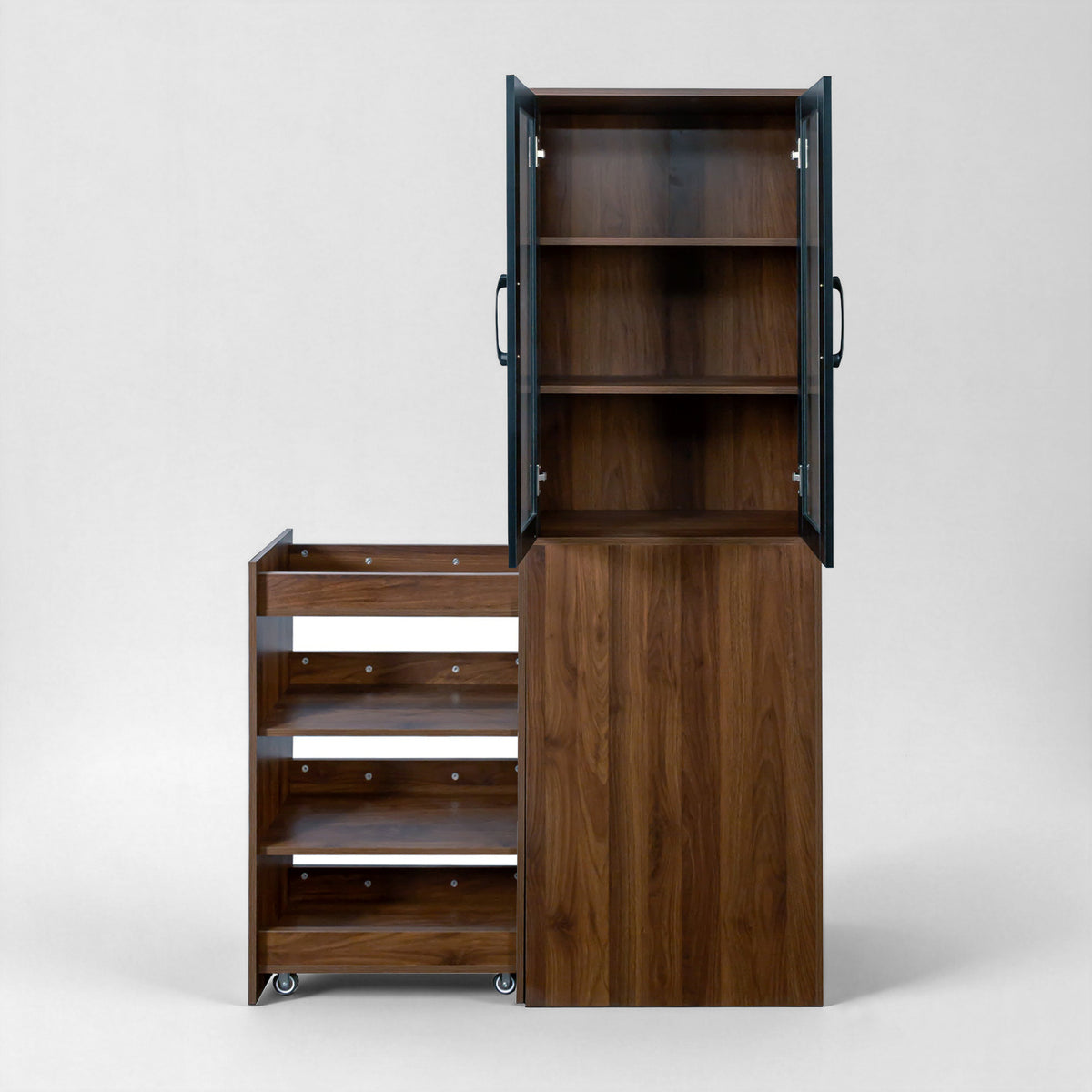 71" Pantry Cabinet with Glass Doors & Side Pull-Out Rack
