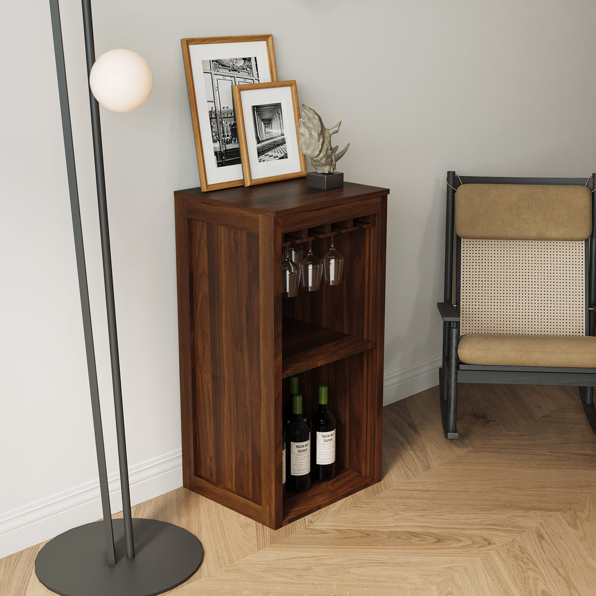Modular Bar Cabinet in Walnut w/ Shelves & Glasses Holder - Joysource