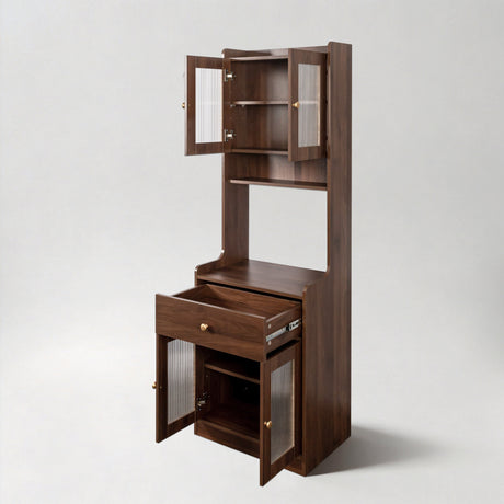 71" Narrow Storage Cabinet with Hutch, Drawer & Open Shelf