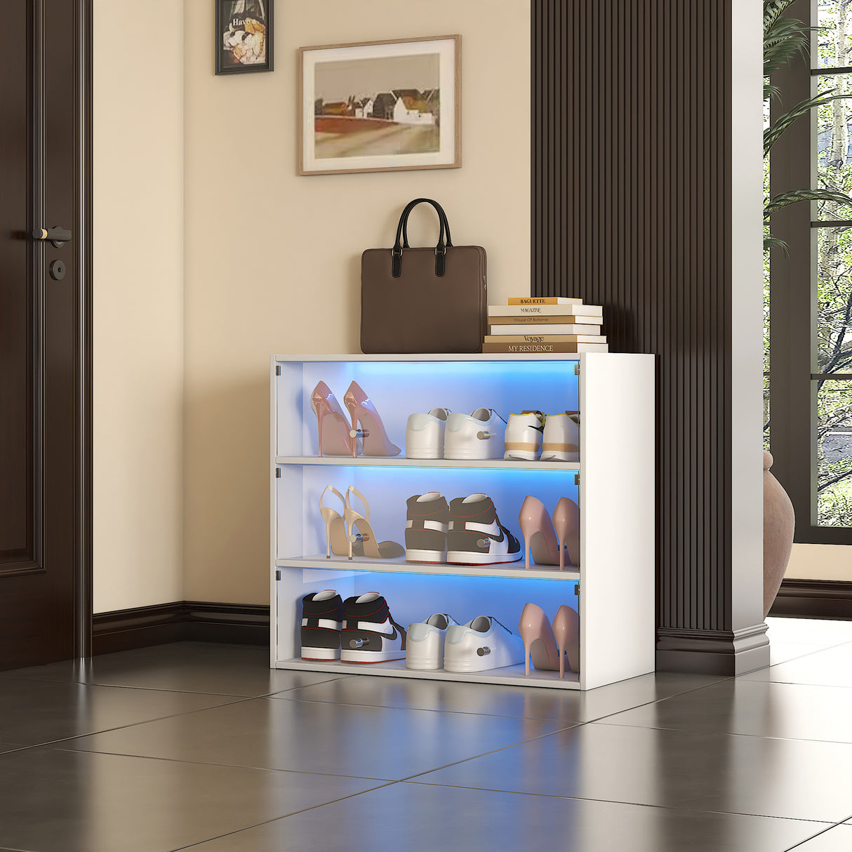 3 Tiers Shoe Storage Cabinet with Glass Door & RGB Led Light | Shoe Rack