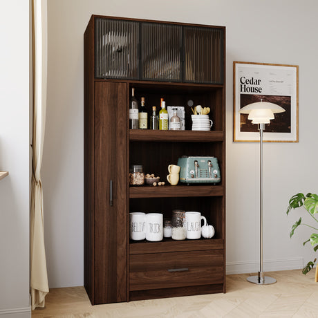 71" Kitchen Pantry Cabinet w/ Pull-Out Storage Shelves, Drawer & Microwave Stand