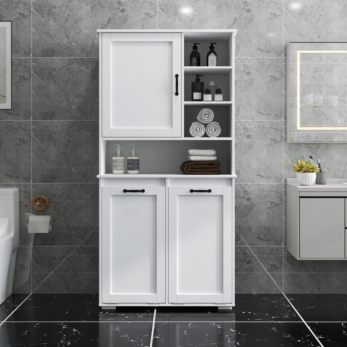 63" Laundry Storage Cabinet with Tilt-Out Hampers & Adjustable Shelves