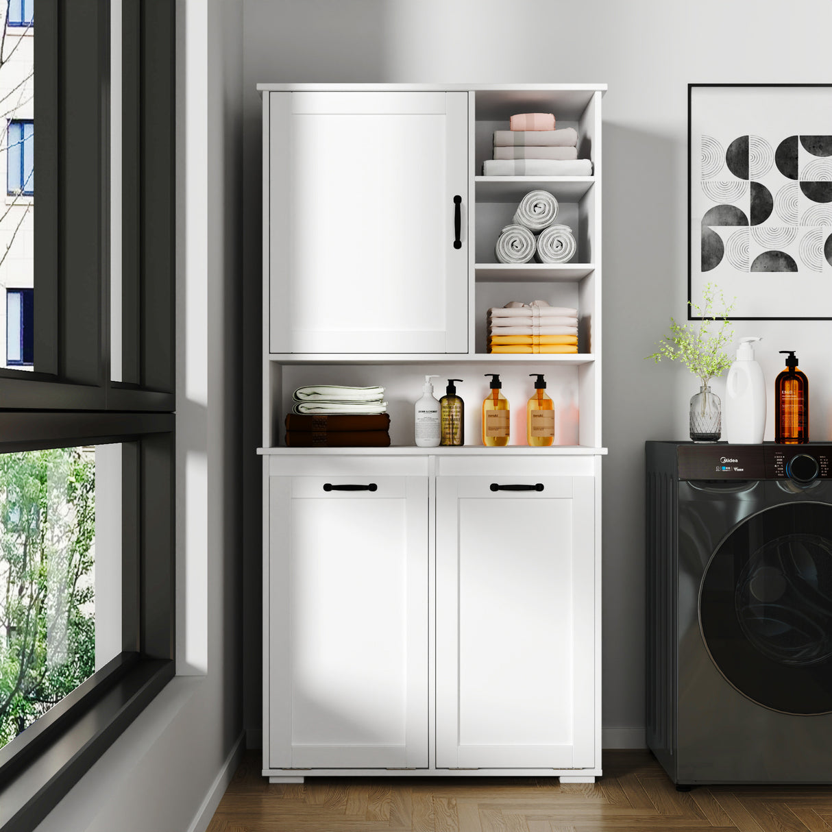 63" Laundry Storage Cabinet with Tilt-Out Hampers & Adjustable Shelves
