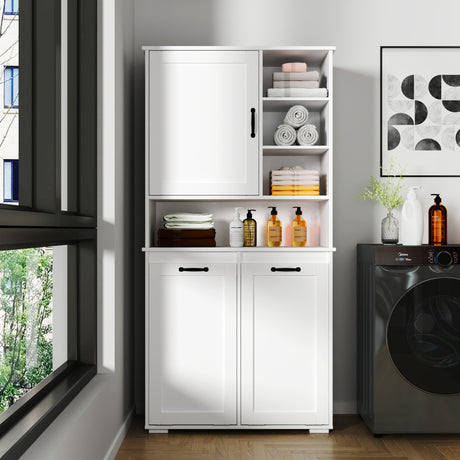 63" Laundry Storage Cabinet with Tilt-Out Hampers & Adjustable Shelves