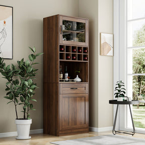71" Farmhouse Kitchen Pantry Cabinet with Glass Door & Wine Storage