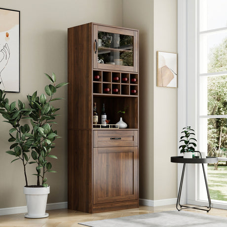 71" Farmhouse Kitchen Pantry Cabinet with Glass Door & Wine Storage