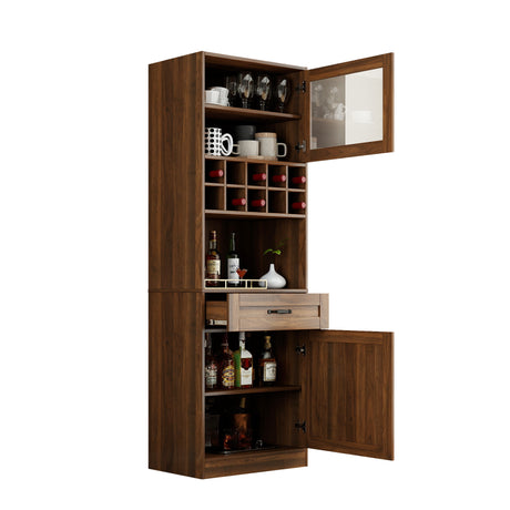 71" Farmhouse Kitchen Pantry Cabinet with Glass Door & Wine Storage