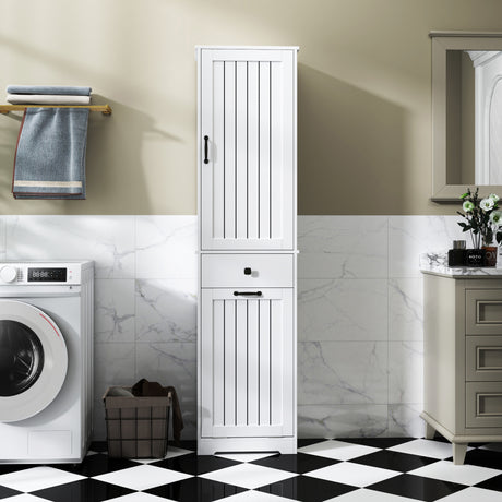 71" Laundry Cabinet with Tilt-Out Hamper, Adjustable Shelves & Drawer, White