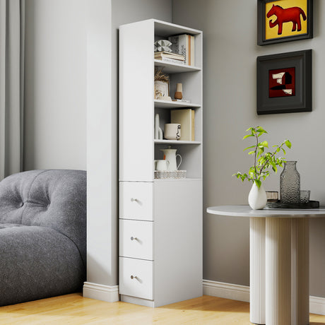 71" Narrow Display Storage Cabinet w/ 4-Tier Shelf and 3 Side Drawers