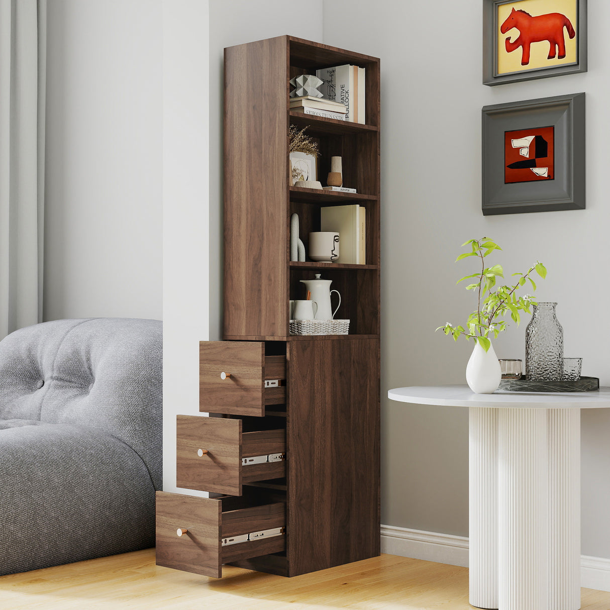 71" Narrow Display Storage Cabinet w/ 4-Tier Shelf and 3 Side Drawers