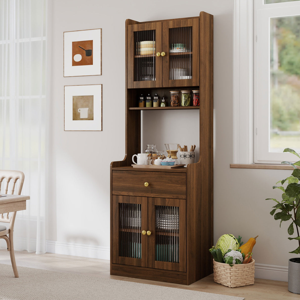 71" Narrow Kitchen Pantry Cabinet with Hutch, Drawer & Microwave Stand