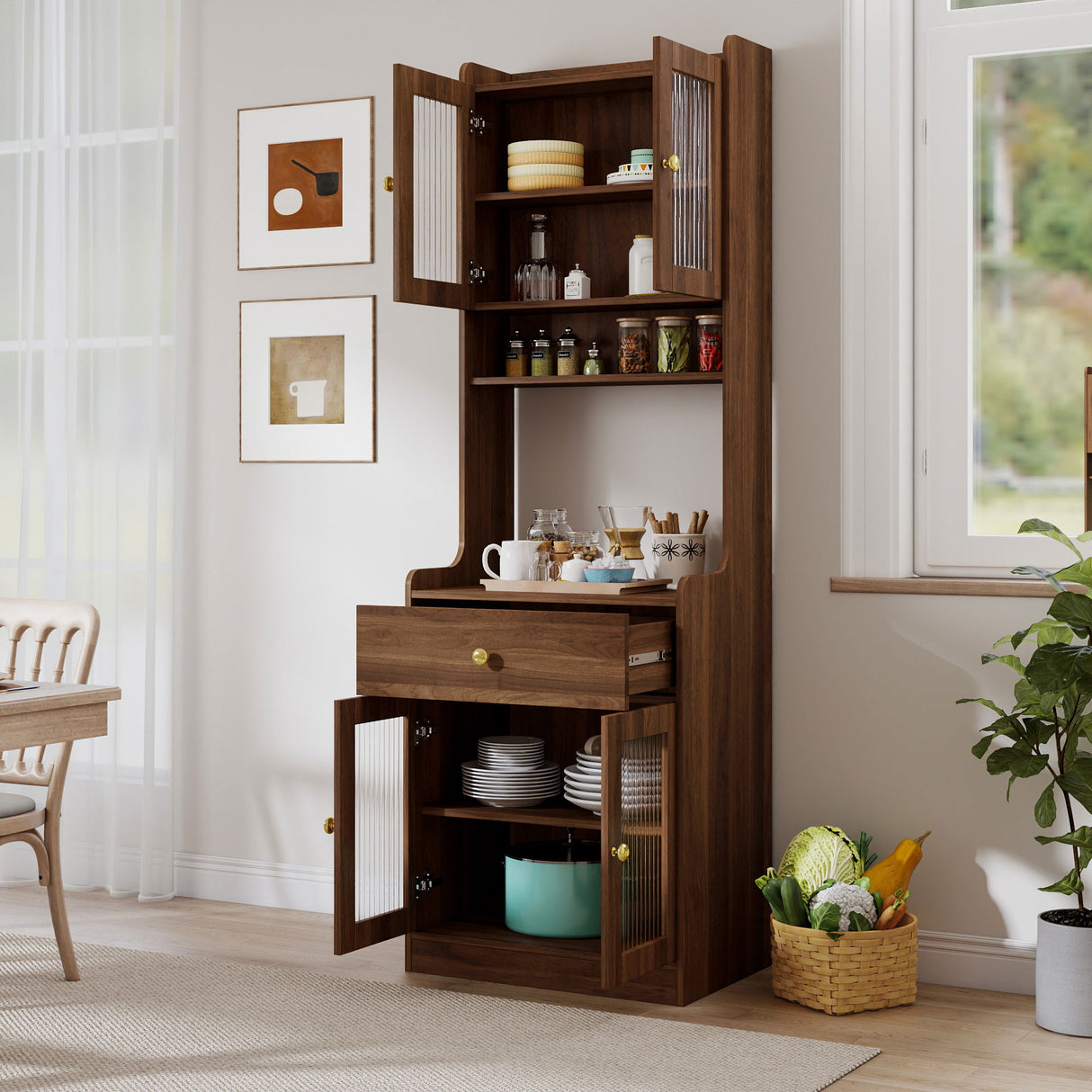 71" Narrow Kitchen Pantry Cabinet with Hutch, Drawer & Microwave Stand