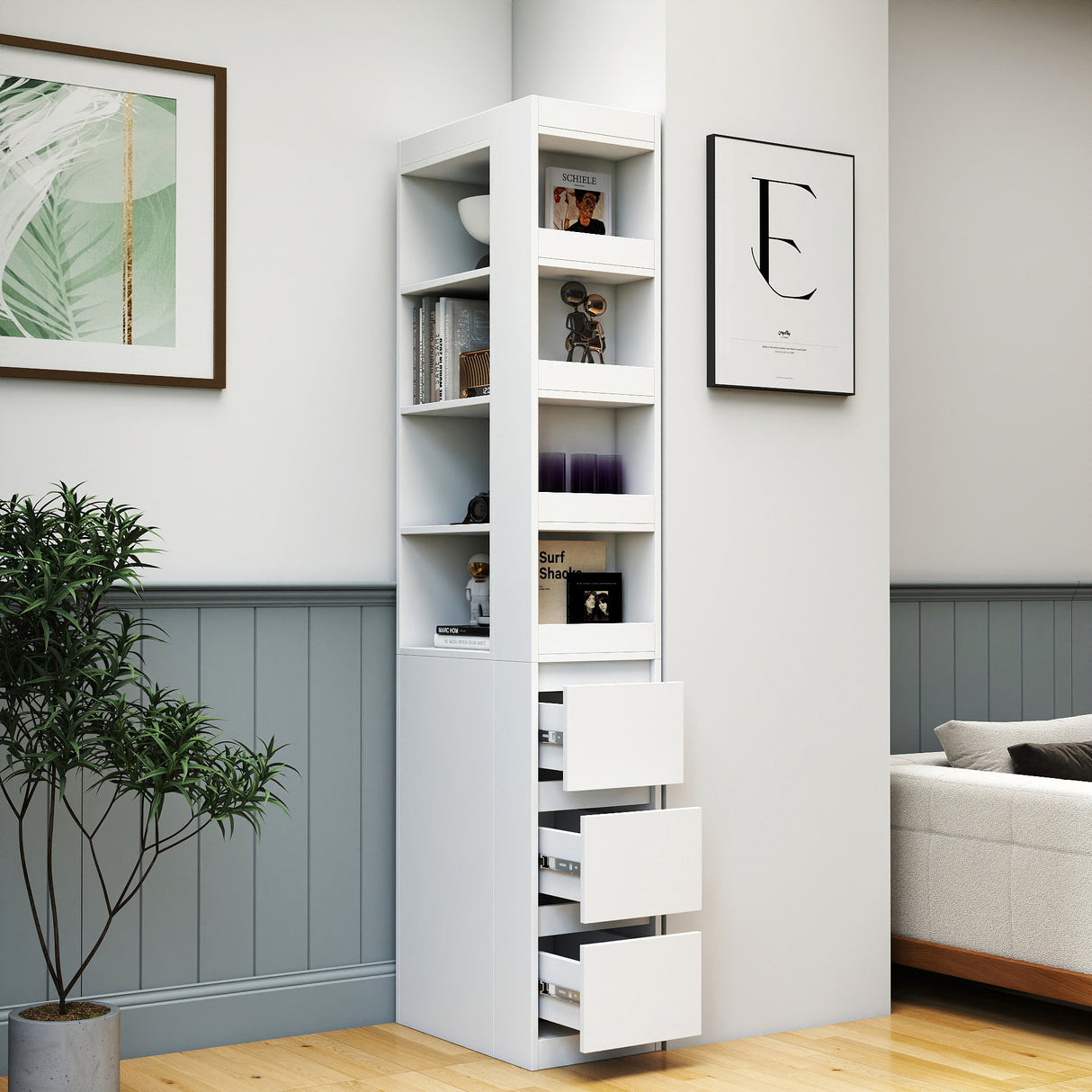 71" Narrow Storage Cabinet w/ 4-Tier Open Shelves & 3 Side Drawers