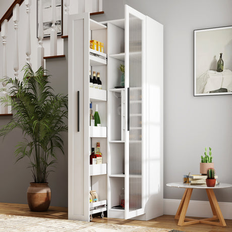 71" Slim Kitchen Pantry Cabinet w/ Clear Door & Pull-Out Shelf | Multifunctional