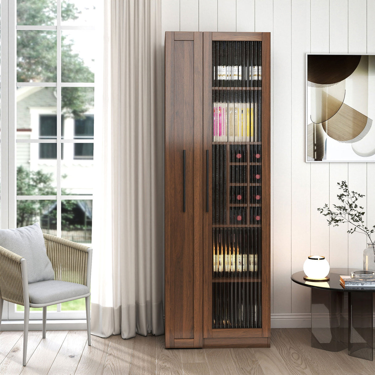 71" Tall Freestanding Kitchen Pantry Cabinet with Pull-Out Shelves & Glass Door