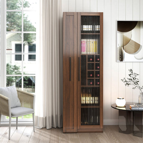 71" Tall Freestanding Kitchen Pantry Cabinet with Pull-Out Shelves & Glass Door