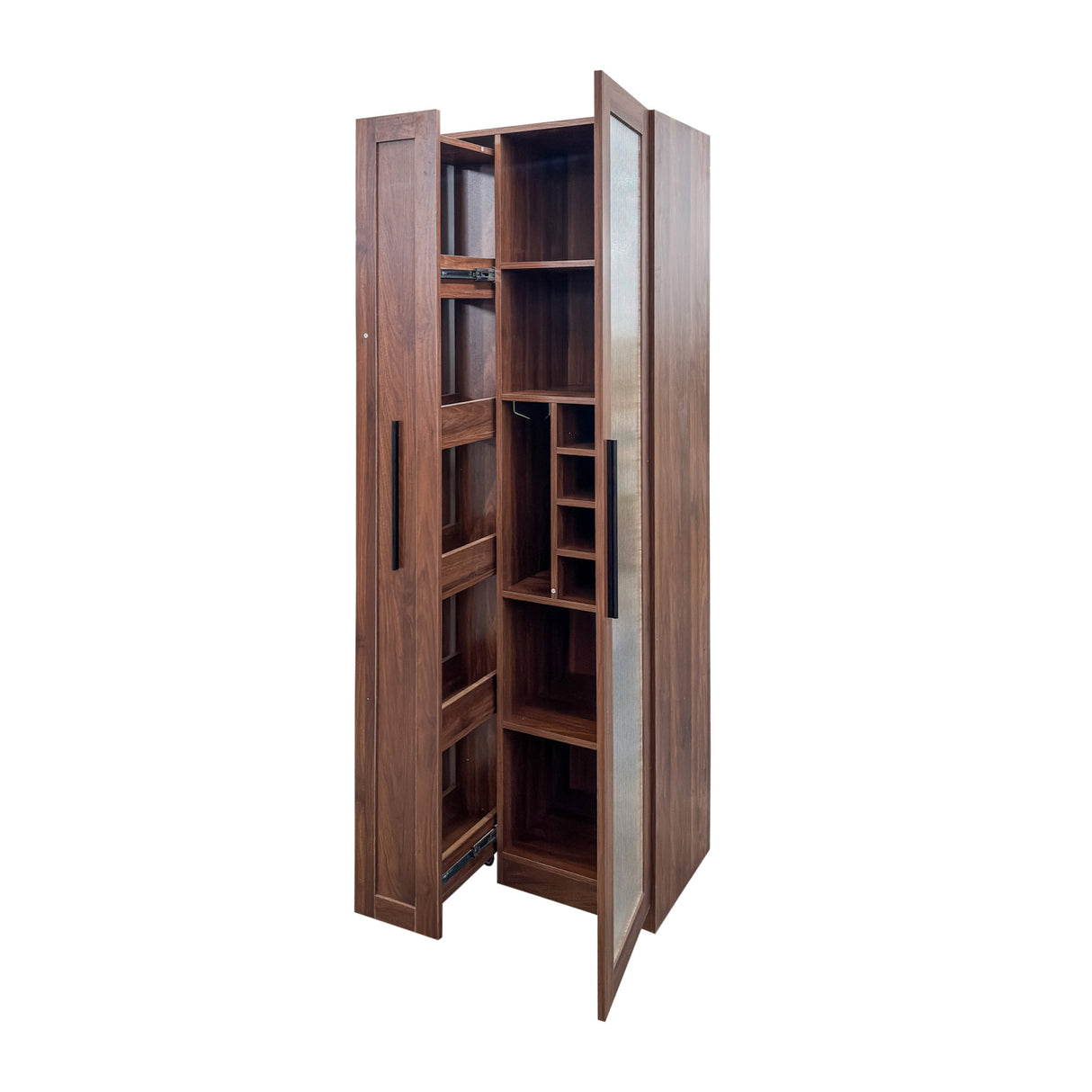 71" Tall Freestanding Kitchen Pantry Cabinet with Pull-Out Shelves & Glass Door