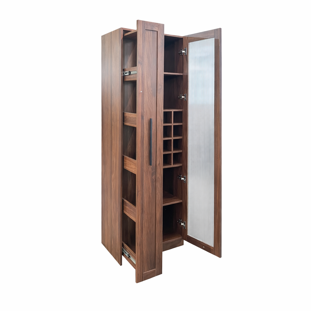 71" Tall Freestanding Kitchen Pantry Cabinet with Pull-Out Shelves & Glass Door