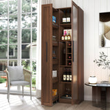 71" Tall Freestanding Kitchen Pantry Cabinet with Pull-Out Shelves & Glass Door