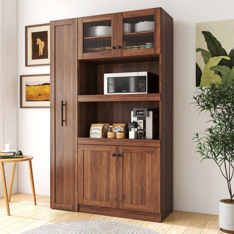71" Tall Kitchen Pantry Cabinet with Pull Out Shelves and Glass Doors | Multifunctional