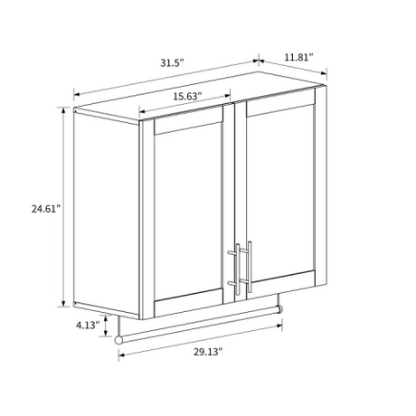 32" White Bathroom Wall Cabinet with Hanging Rod, 5 Hooks & Tissue Slot