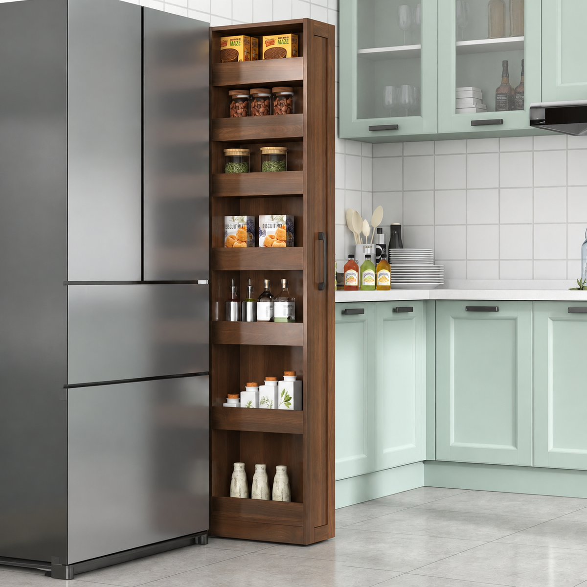 71" Slim Rolling Pantry Storage Cabinet for Kitchen, Bathroom, Laundry, Office