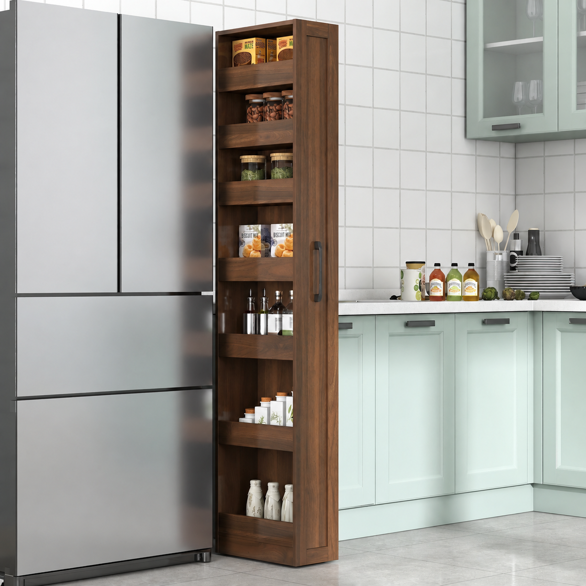 71" Slim Rolling Pantry Storage Cabinet for Kitchen, Bathroom, Laundry, Office