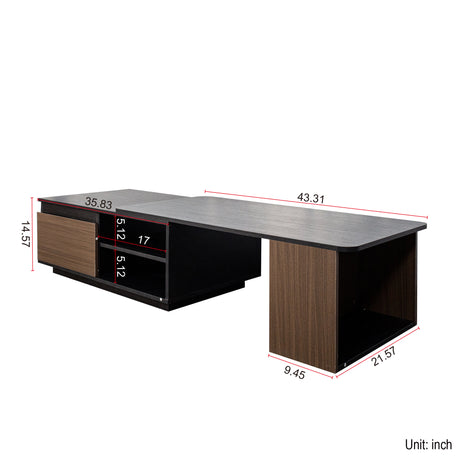 Modern Expandable Coffee Table with Storage Drawers & Open Shelves
