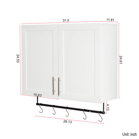 Modern Wall-Mounted Bathroom Cabinet with Hanging Rod, Hooks & Tissue Slot