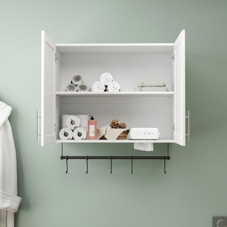 Modern Wall-Mounted Bathroom Cabinet with Hanging Rod, Hooks & Tissue Slot