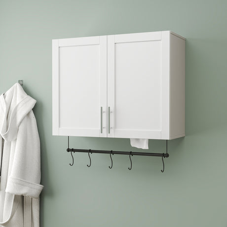 Modern Wall-Mounted Bathroom Cabinet with Hanging Rod, Hooks & Tissue Slot