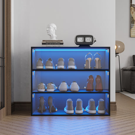 Glass Door Shoe Cabinet with RGB Led Light | 3 Tiers Shoe Box