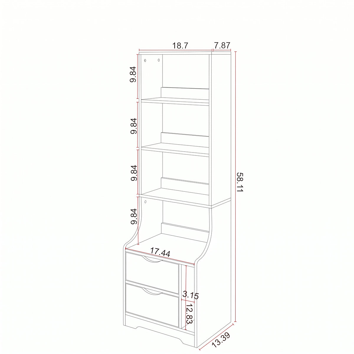 Tall Narrow Nightstand & 4-Tier Bookshelf Tower with 2 Drawers