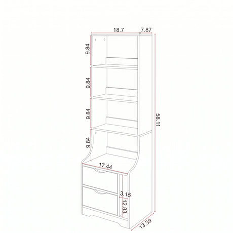 Tall Narrow Nightstand & 4-Tier Bookshelf Tower with 2 Drawers