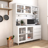 63" W Large Kitchen Cabinet with Hutch, 4 Doors, 4 Drawers & Microwave Shelf