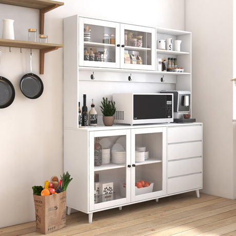 63" W Large Kitchen Cabinet with Hutch, 4 Doors, 4 Drawers & Microwave Shelf
