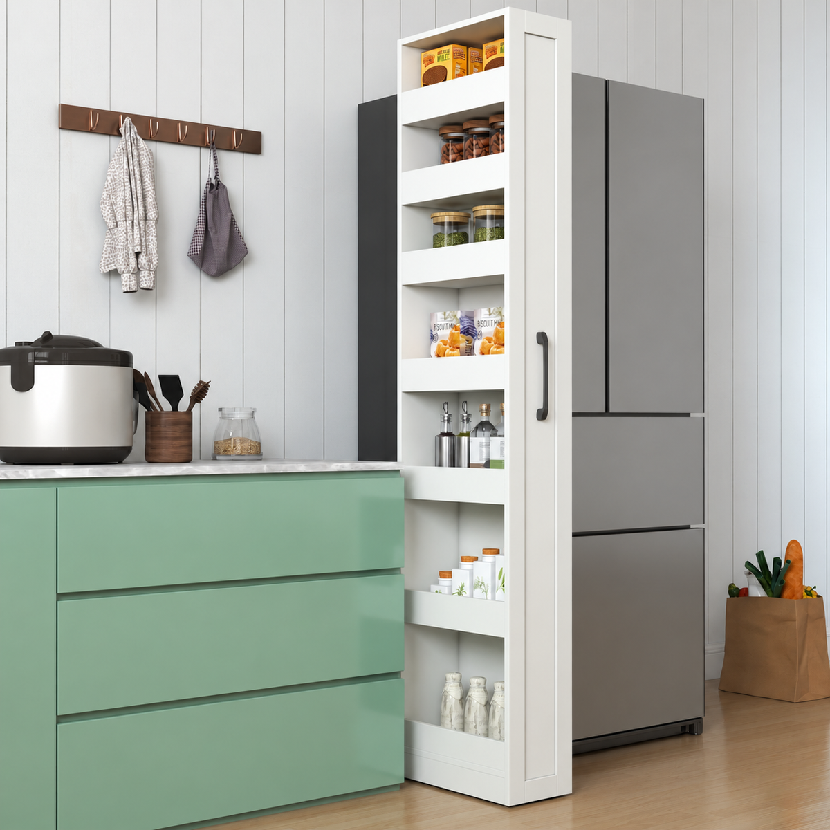 71" Slim Rolling Pantry Storage Cabinet for Kitchen, Bathroom, Laundry, Office