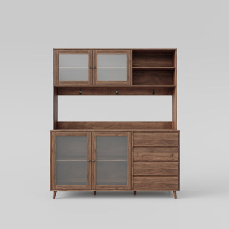 63" W Large Kitchen Cabinet with Hutch, 4 Doors, 4 Drawers & Microwave Shelf