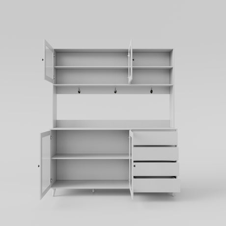 63" W Large Kitchen Cabinet with Hutch, 4 Doors, 4 Drawers & Microwave Shelf