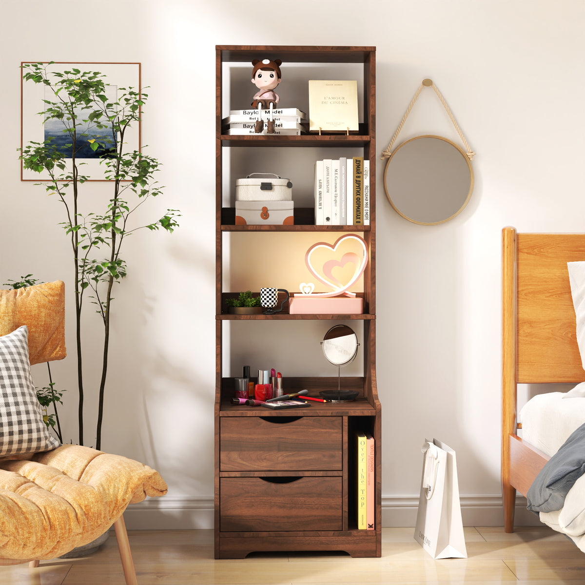 5-Tier Tall Nightstand with 2 Drawers for Bedroom, Home Office | Bookshelf
