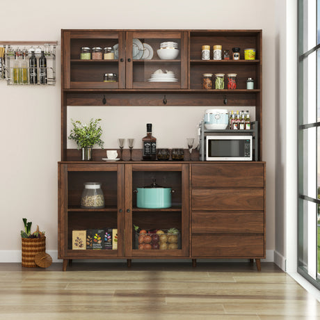 63" W Large Kitchen Cabinet with Hutch, 4 Doors, 4 Drawers & Microwave Shelf