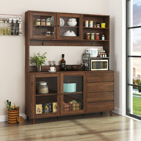 63" W Large Kitchen Cabinet with Hutch, 4 Doors, 4 Drawers & Microwave Shelf