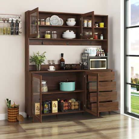 63" W Large Kitchen Cabinet with Hutch, 4 Doors, 4 Drawers & Microwave Shelf